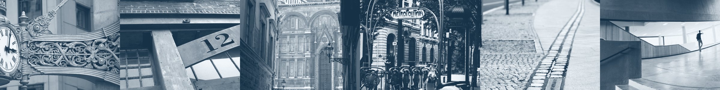 Architectural details: an ornate iron clock, a steel girder marked 12, Art Nouveau ironwork, a grand iron hall, a cobblestone plaza, and a modernist ramp